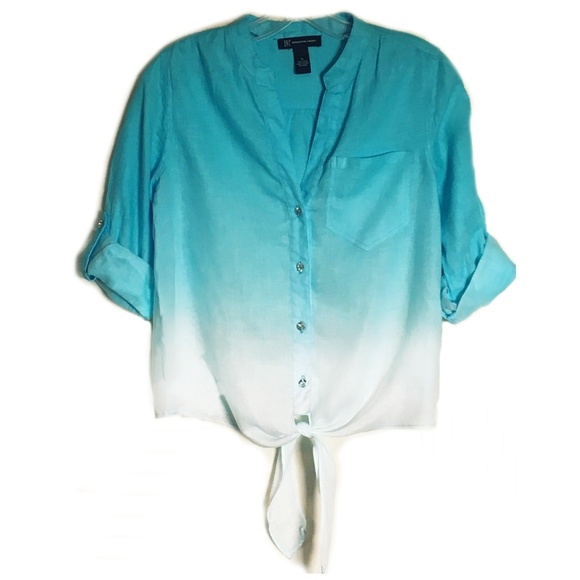 INC International Concepts Tops - INC Linen Tie-Front Top Blue Ombre Rhinestone 0